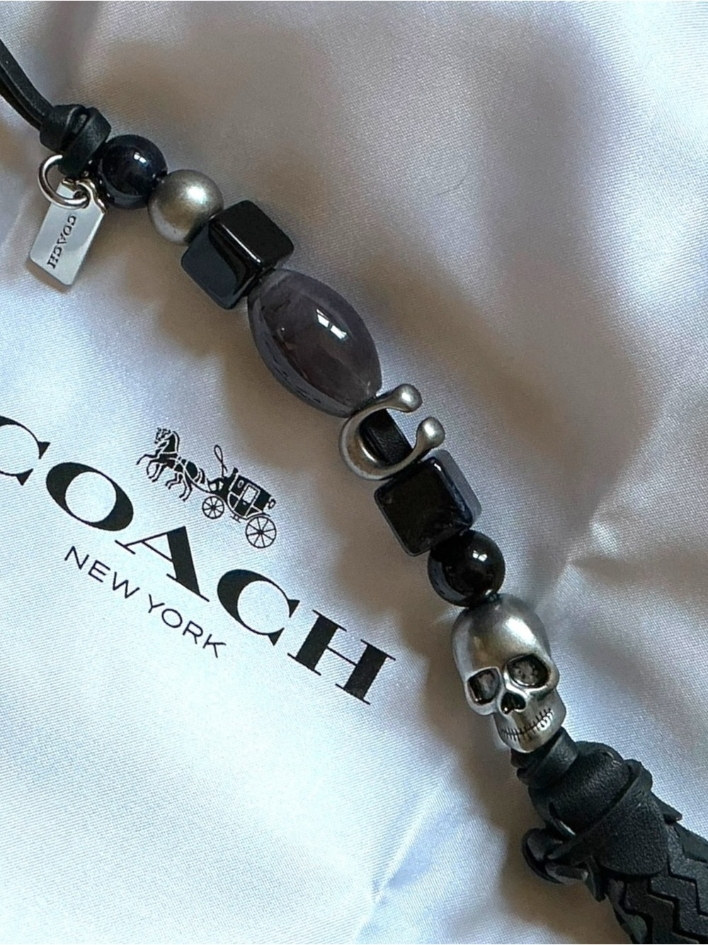 Coach Skull Beaded Tassel Bag Charm Black Gunmetal NWT